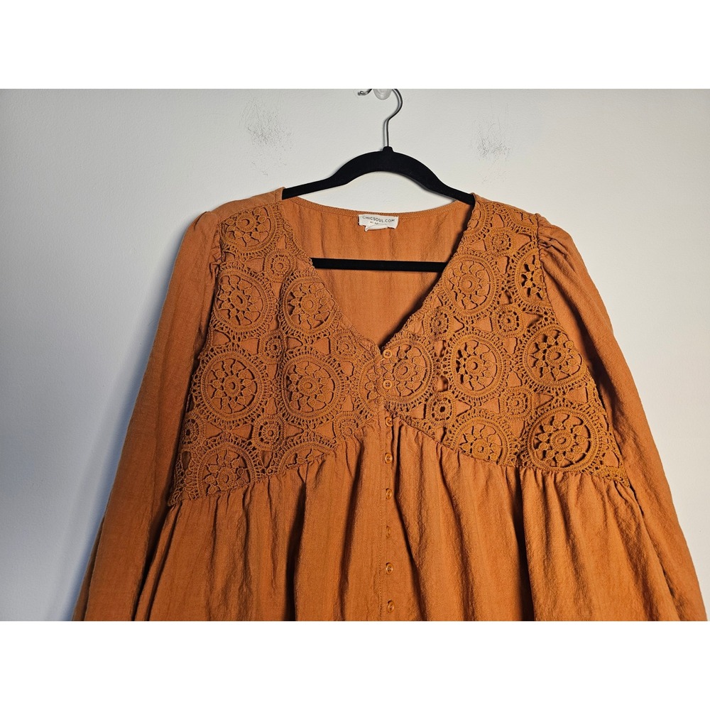 Boho Chic Soul Crochet Lace Babydoll Blouse Womens 1X Rust Orange Cotton CS-0316 - Picture 5 of 8